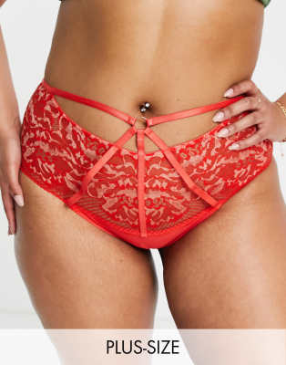 Figleaves Curve Amore lace and fishnet detail high waist brief in tomato-Red