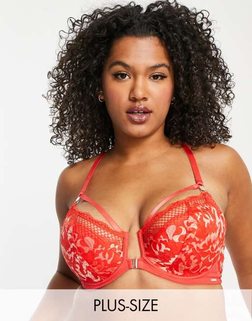 Figleaves Curve Amore lace and fishnet front fastening padded plunge bra in tomato, 2 of 4