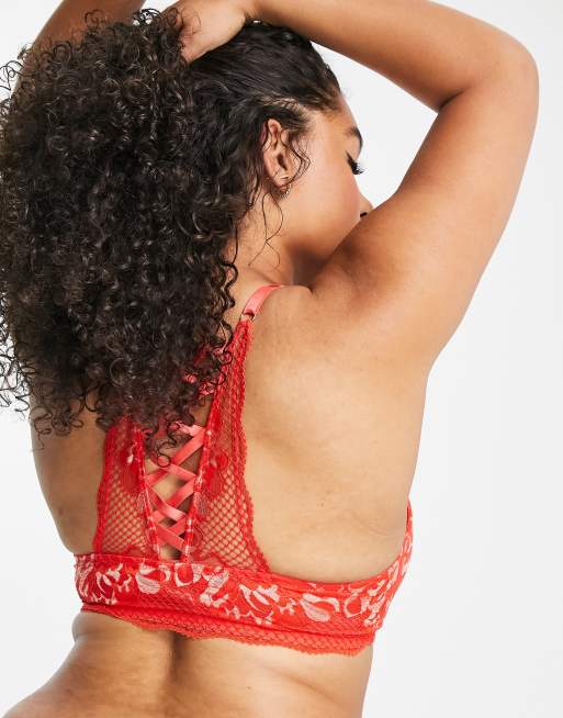 Figleaves Curve Amore lace and fishnet front fastening padded plunge bra in tomato, 3 of 4