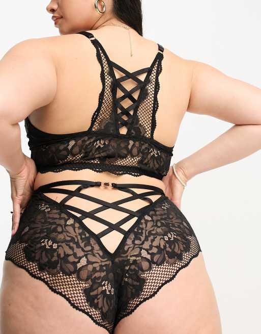 Figleaves Curve - Amore - Onderbroek van kant met viesnet voorkant en hoge taille in zwart