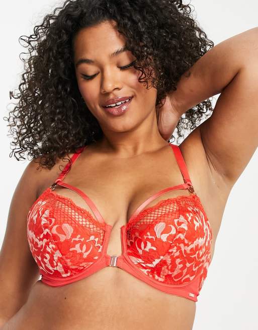 Figleaves Curve – Amore – Röd vadderad behå i spets och nät med djup urringning
