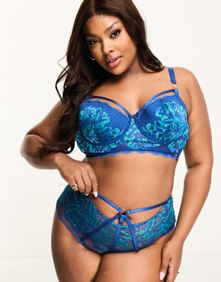 Figleaves Curve Amore lace and fishnet detail longline padded balconette bra in blue - ASOS Price Checker
