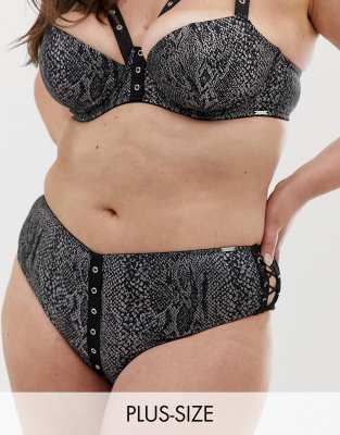 Figleaves Curve - Brasilianischer Slip mit Schnürdesign und Schlangenmuster - Schwarz