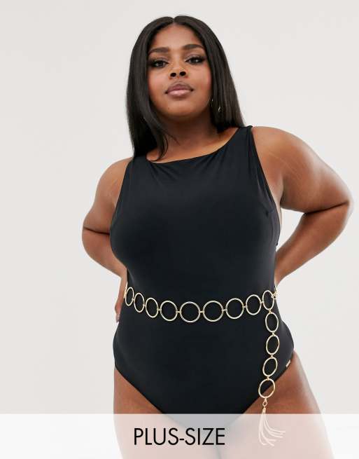 Figleaves Curve - Costume da bagno accollato nero con scollatura profonda sul retro e cintura vistosa oro