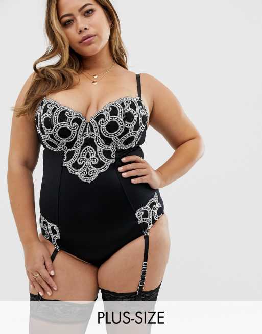 Figleaves – Curve – Decadence – Czarne body modelujące z haftowanym wzorem i podwiązkami