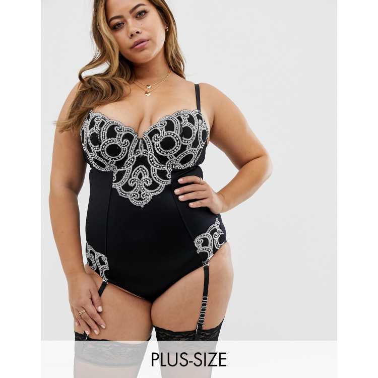 Figleaves Curve Decadence embroidered shapewear bodysuit with suspenders in  black