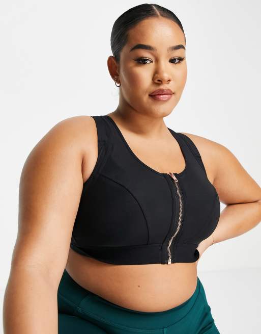 Figleaves Curve double layer detail zip front sports bra in black