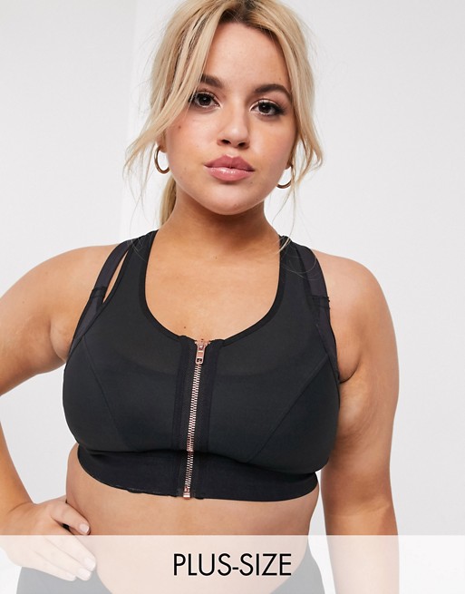 Figleaves Curve mesh double layer zip front sports bra in black