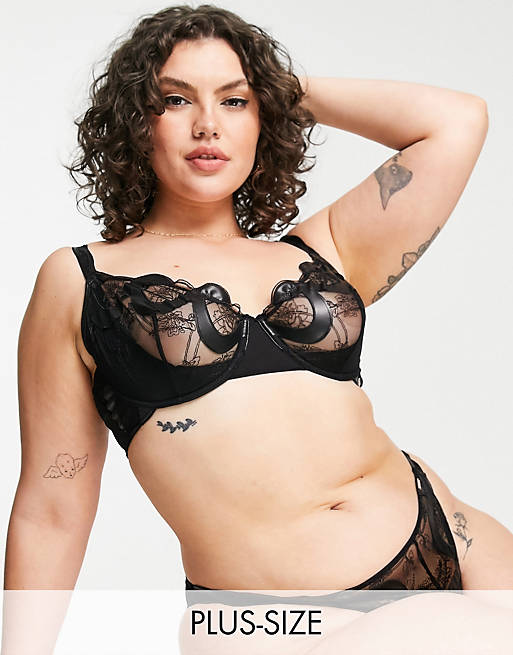 Figleaves Curve Mistress padded balcony bra with faux leather embroidery in black