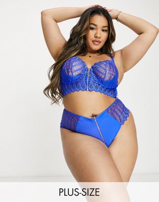 Figleaves Curve Sapphire embroidered zip front brazilian brief in blue