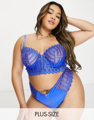 Figleaves Curve Sapphire embroidered zip front longline bra in blue