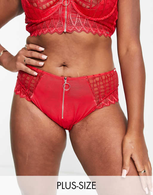 Figleaves Curve – Taboo – Brasilianischer Slip in Rot mit aufgesticktem Kordeldesign, hoher Taille und Reißverschlussdetail vorne