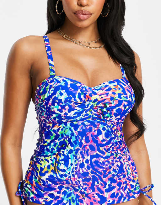 Figleaves fiesta underwired twist bandeau tummy control tankini top in  multi leopard