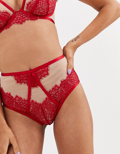 Figleaves Fleur eyelash lace and mesh high waist brief in red
