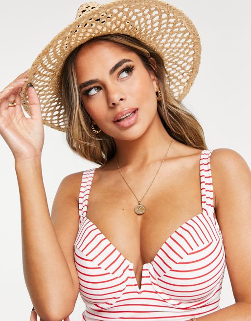 Figleaves Fuller Bust cape castaway tummy control swimsuit in red white  stripe