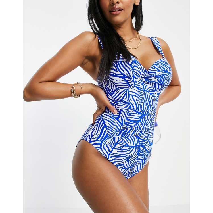 Figleaves Fuller Bust cape cod tummy control swimsuit in cobalt blue