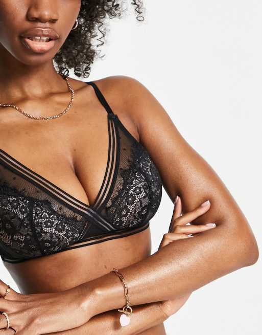 Figleaves Fuller Bust Clara spot mesh and lace non wired bralet in black, 4 of 4