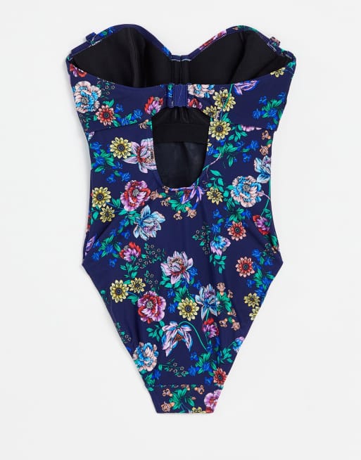 Figleaves Fuller Bust - Dahlia - Marineblå bandeau-badedragt med bøjle og blomstermønster, 2 af 4