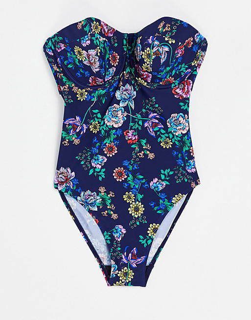 Figleaves Fuller Bust dahlia underwire bandeau swimsuit in navy floral