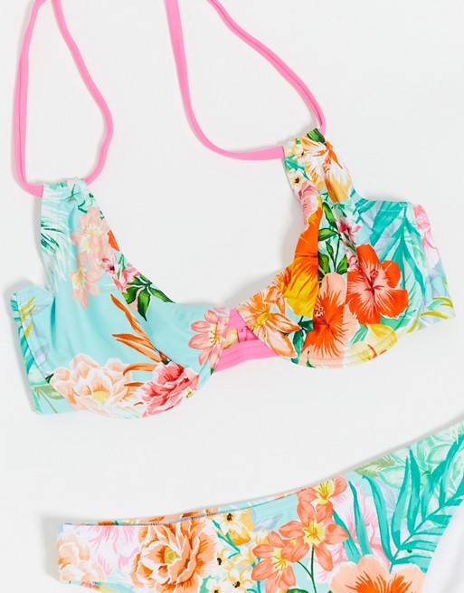 Figleaves Fuller Bust Honolulu underwired halter bikini top in multi tropical print