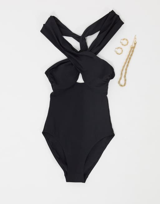 Figleaves fuller bust icon annecy off the shoulder swimsuit in black ASOS