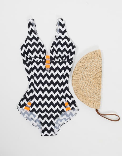 Figleaves fuller bust juno luxe tummy control swimsuit in black & white chevron