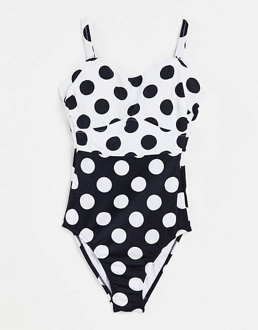 Figleaves Fuller Bust marilyn underwired bandeau tummy control swimsuit in black white polka dot