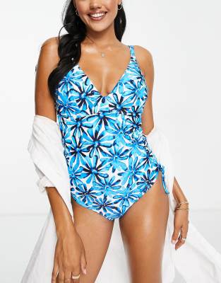 Fuller Bust palermo belted tummy control swimsuit in blue and white