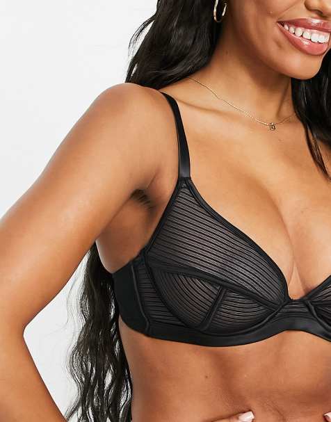 Figleaves Fuller Bust Pimlico sheer stripe non padded plunge bra in black - view 1