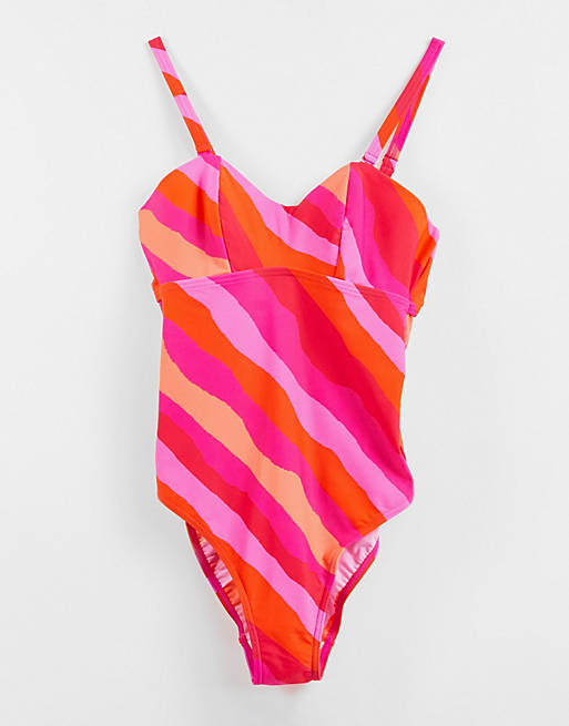 Figleaves Fuller Bust sao paulo undwerwire bandeau swimsuit in pink stripe