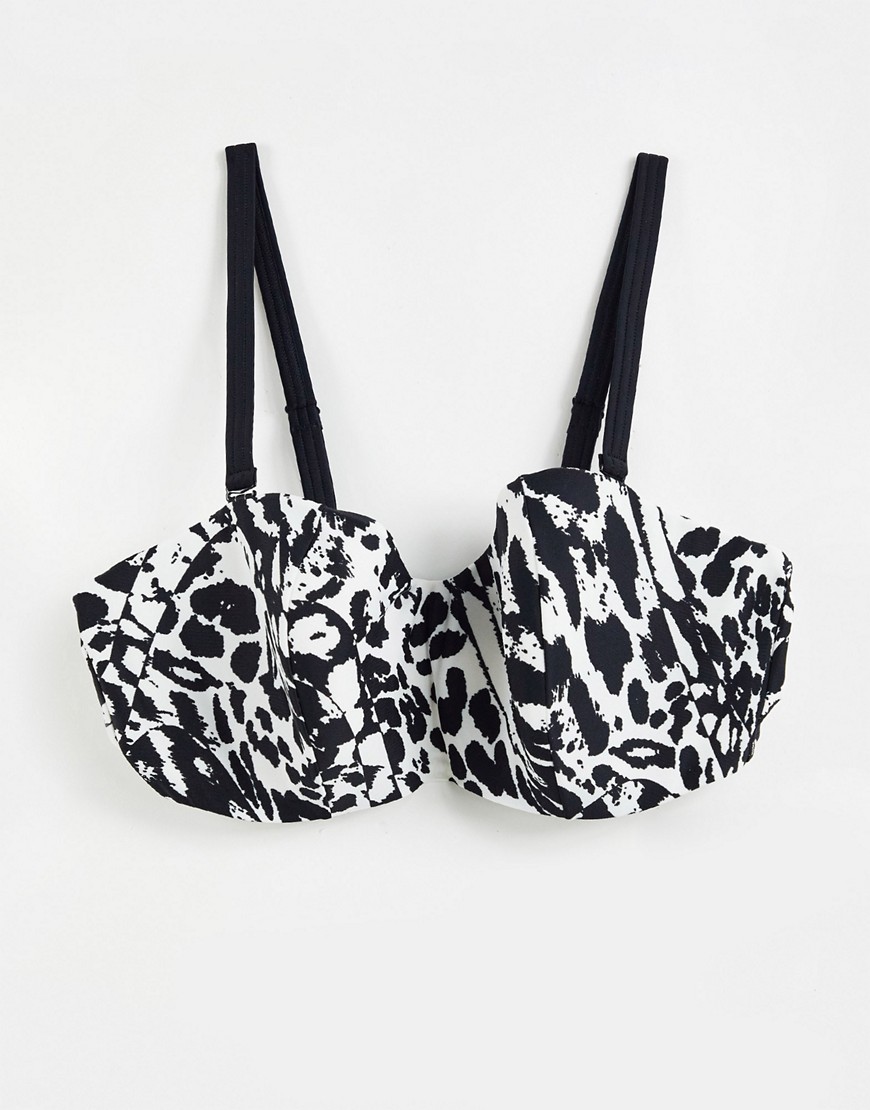 Figleaves Fuller Bust singita underwired strapless bikini top in black white leopard