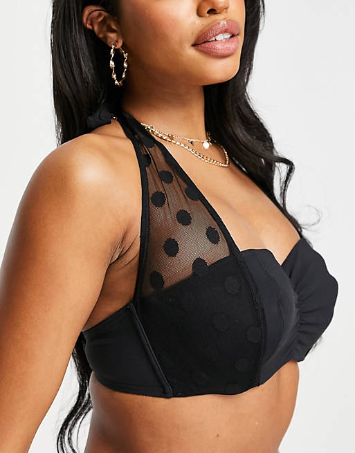 Figleaves Fuller Bust spot mesh underwire halter bikini top in black 