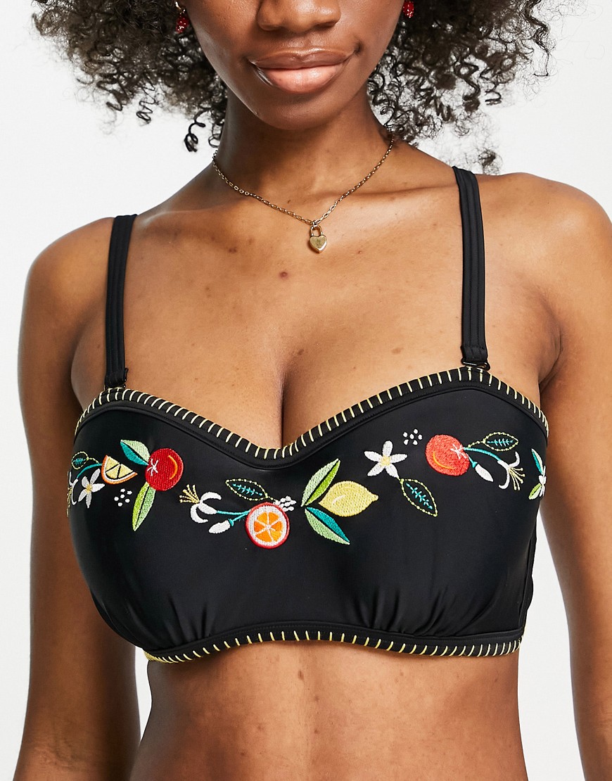 Figleaves Fuller Bust strapless embroidered bikini top in black