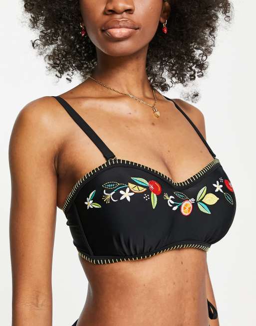 Figleaves Fuller Bust strapless embroidered bikini top in black