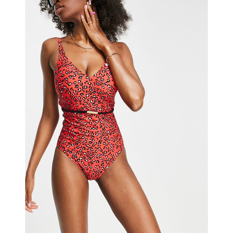 Figleaves Womens Underwired Plunge Bikini Top, Red Leopard, 32D
