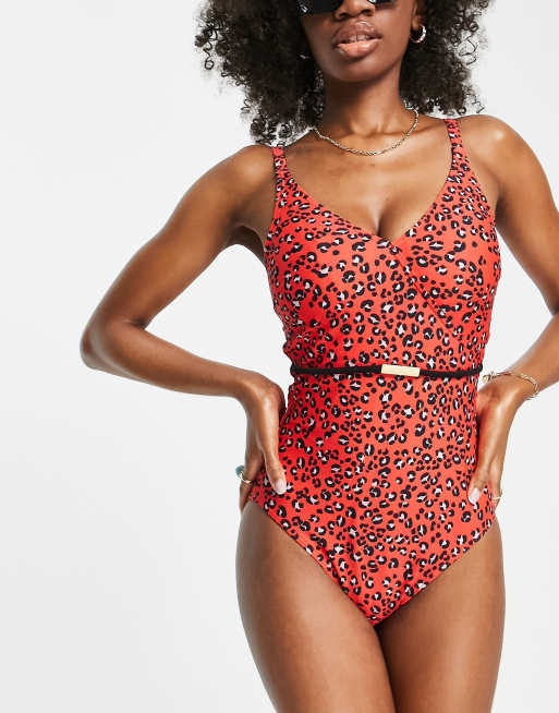 Figleaves Fuller Bust swimsuit with belt detail in red leopard