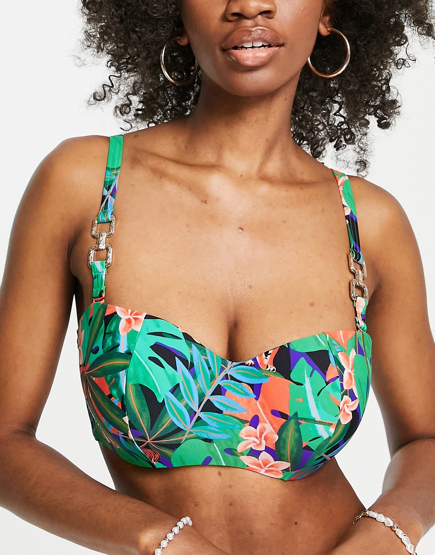 Figleaves Fuller Bust underwire bandeau top in tiger tropical print-Multi