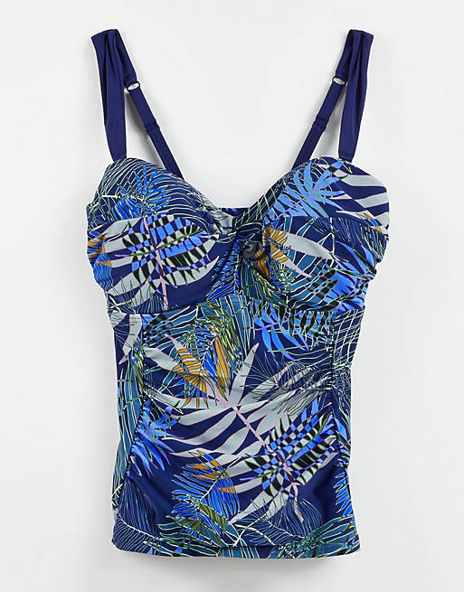 Figleaves Fuller Bust underwired bandeau tummy control tankini in ultraviolet palm