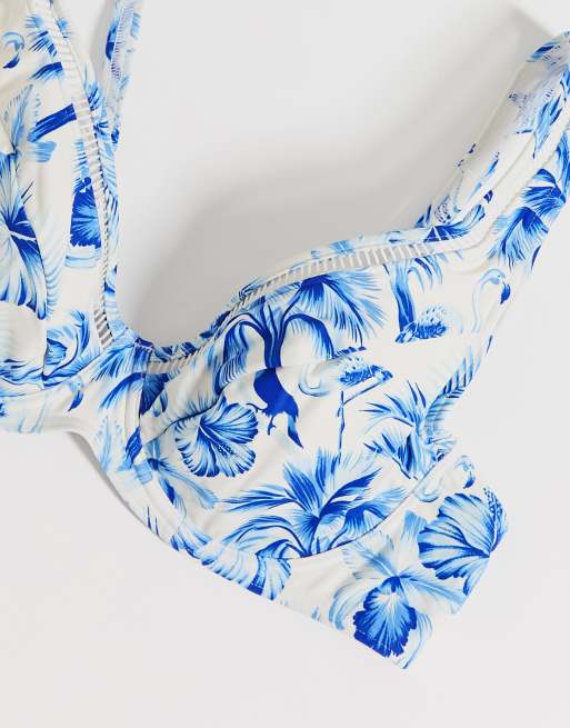 Figleaves Fuller Bust underwired high apex bikini top in multi blue, 3 of 4