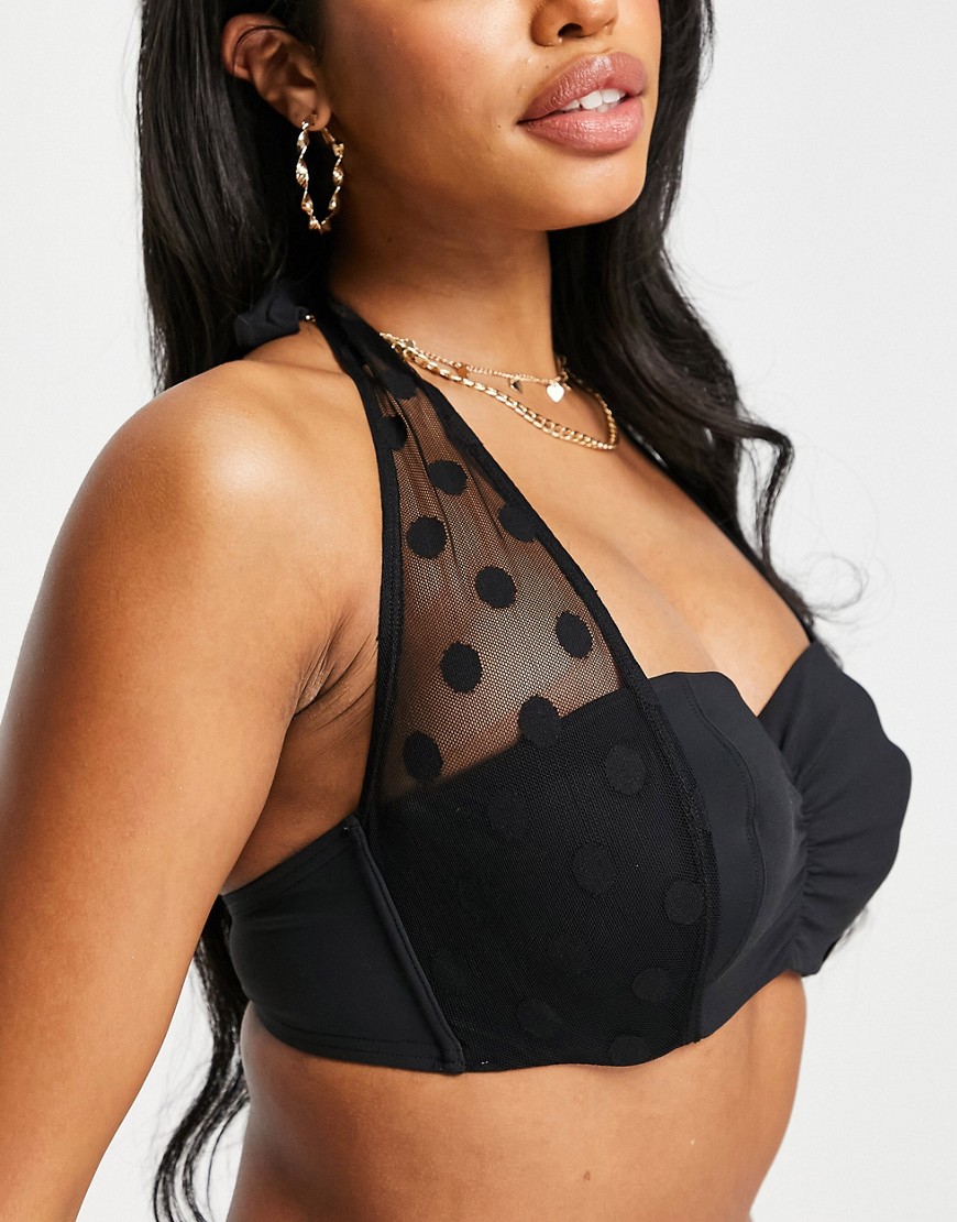 Figleaves – Größere Brust – Bügel-Bikinioberteil aus gepunktetem Netzstoff mit Neckholder-Träger in Schwarz