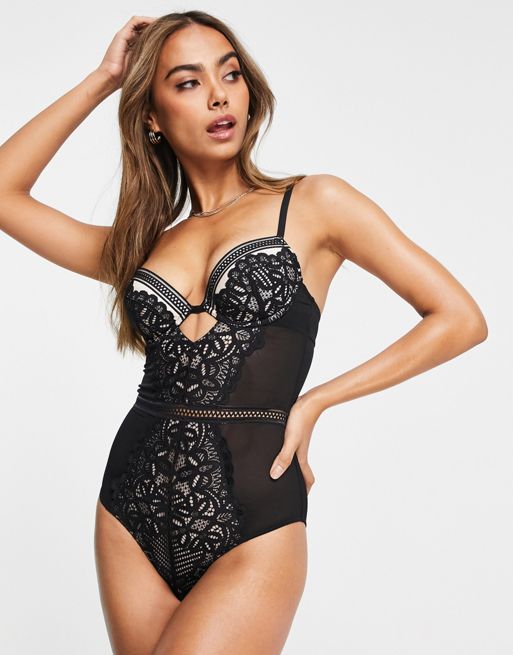 Boux Avenue Mollie non-padded sheer spot mesh and lace bodysuit in black