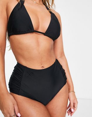 Figleaves high waisted bikini bottom with ruched panel detail in black