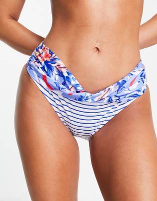 Figleaves Hipster Stripe Bikini Bottom In Blue Floral Print