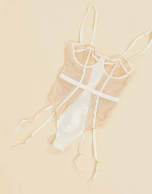 Figleaves Pimlico Sheer Mesh Underwire Bodysuit With Detachable Garters In Ivory-white In White