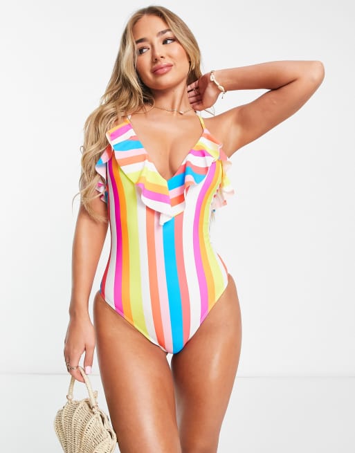 Figleaves plunge swimsuit with frill detail in pink and blue candy stripe