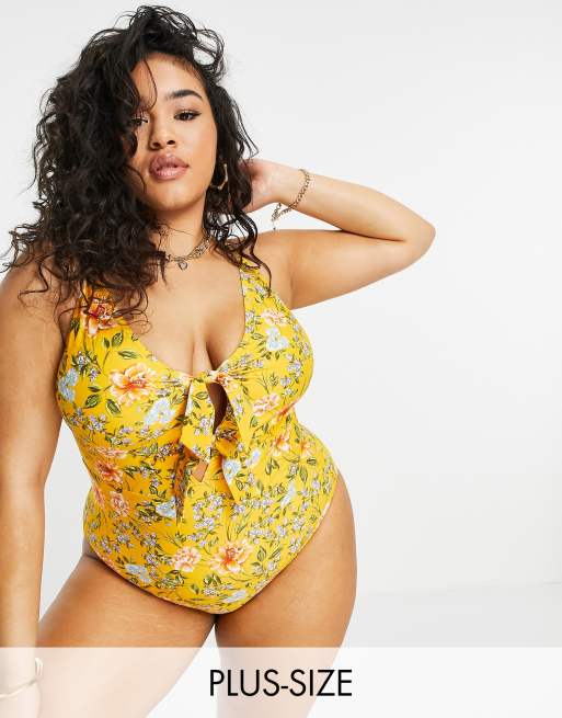 Figleaves Plus briony non wire tummy control swimsuit in yellow floral