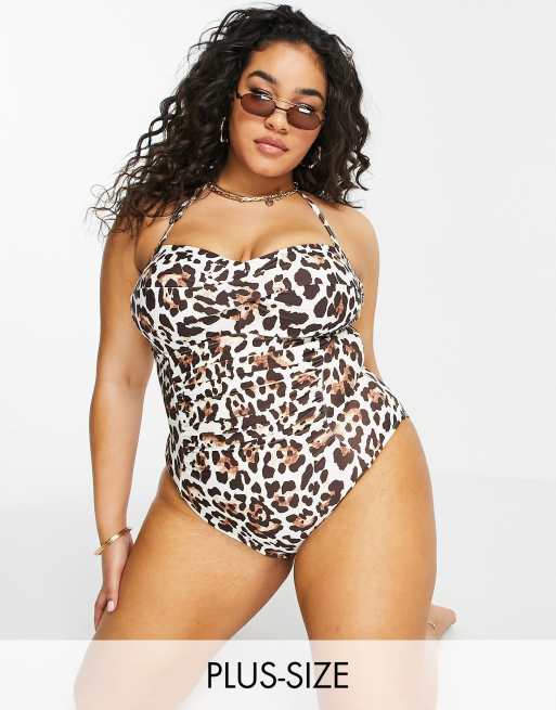 Figleaves Plus Illusion bandeau firm control swimsuit in mala leopard