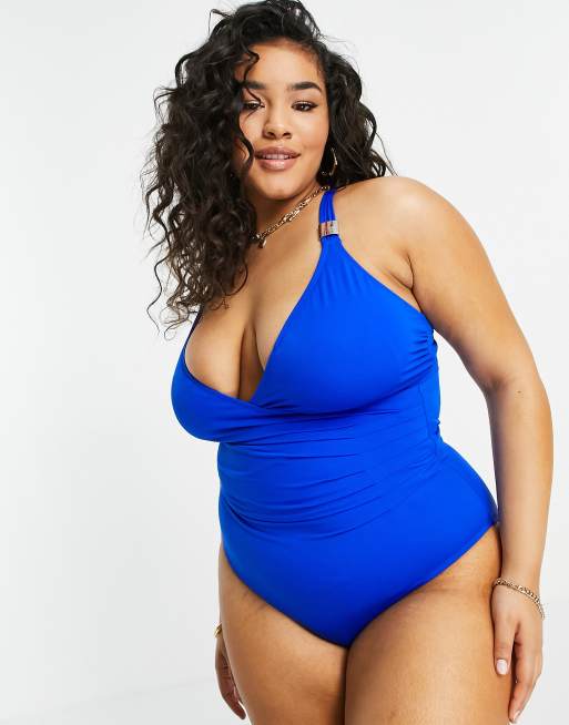 Figleaves Plus illusion draped firm control swimsuit in noble blue