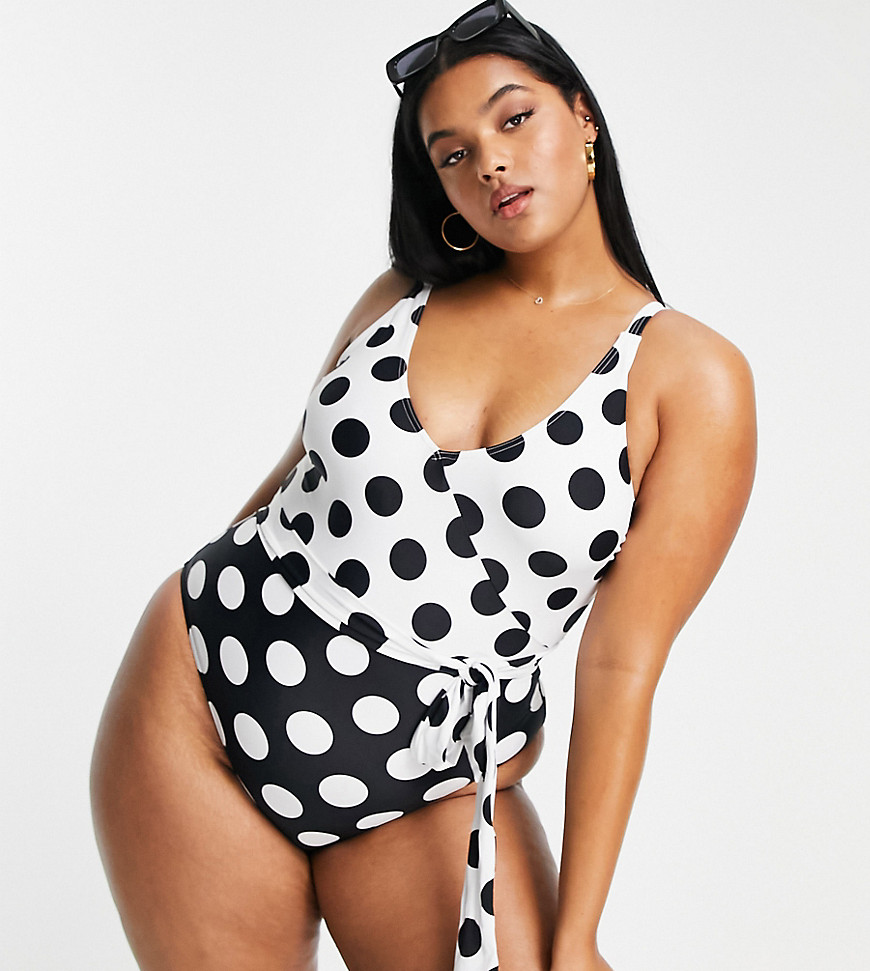 Figleaves Plus marilyn non wired tummy control swimsuit in black white polka dot