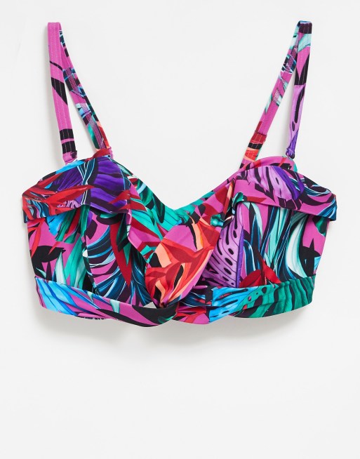 Figleaves - Poitrines généreuses - Haut de bikini bandeau à armatures avec imprimé palmier style Bahamas - Multicolore